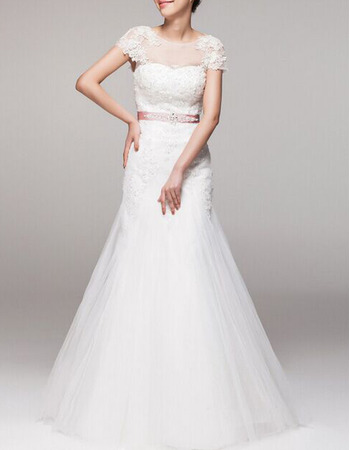 Inexpensive A-Line Cap Sleeves Floor Length Wedding Dresses with Belts