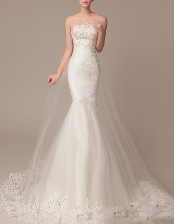 Sexy Sheath Strapless Sleeveless Sweep Train Organza Wedding Dresses