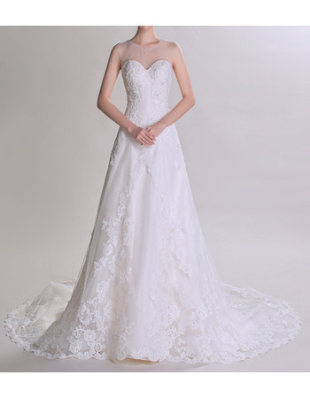 Custom Sweetheart Sheer Neckline Court Train Tulle Wedding Dresses