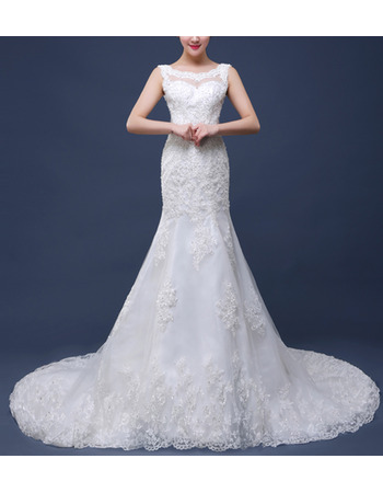 Elegant Sheath Round Neckline Court Train Organza Wedding Dresses