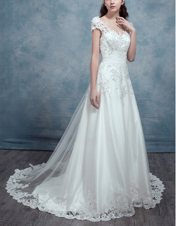 Discount V-Neck Floor Length Backless Wedding Dress with Short Sleeves