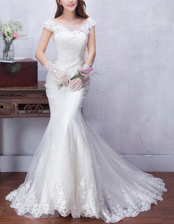 Custom Sexy Sheath Cap Sleeves Sweep Train Satin Tulle Wedding Dresses