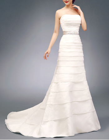 Inexpensive Strapless Satin Organza Layered Wedding Dresses with Belts