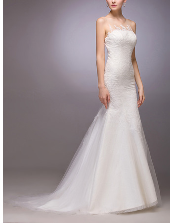 Sexy Sheath/ Column Sleeveless Sweep Train Tulle Satin Wedding Dresses