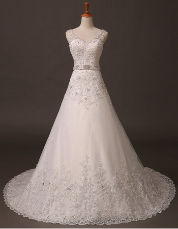 New A-Line V-Neck Long Wedding Dresses with Applique and Beads