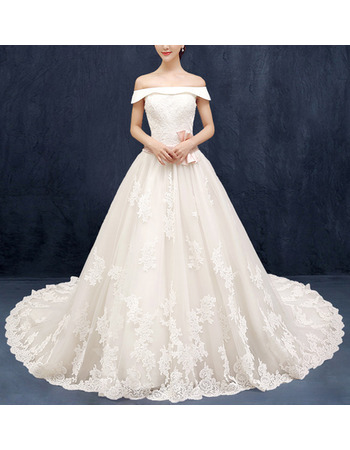 Luxurious A-Line Off-the-shoulder Chapel Train Organza Wedding Dresses