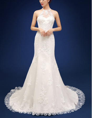 Sheath Halter Court Train Organza Wedding Dresses