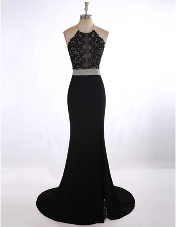 Sexy Sheath Halter Sweep Train Applique Black Evening/ Prom Dresses