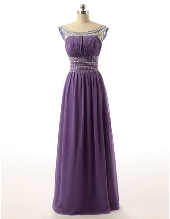 New Round Neck Floor Length Chiffon Rhinestone Evening Dresses