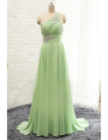 Elegant One Shoulder Sleeveless Sweep Train Chiffon Evening Dresses