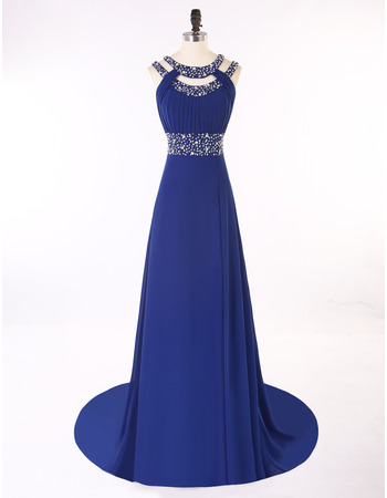 Custom Round Neck Sleeveless Sweep Train Chiffon Evening Dresses