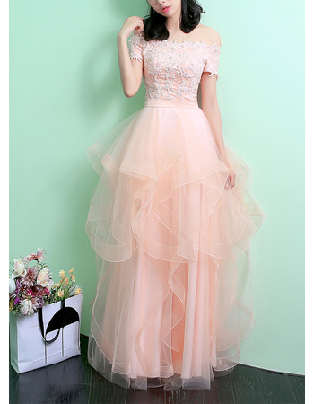 Elegant Off-the-shoulder Short Sleeves Organza Skirt Evening Dresses