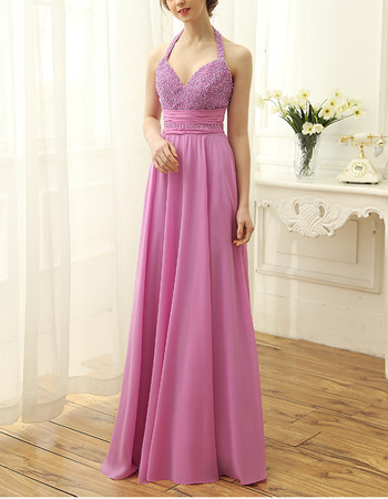 Discount Halter Sweetheart Long Chiffon Beading Bodice Evening Dresses