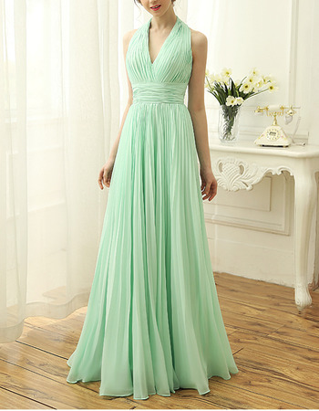 Sexy Halter V-Neck Sleeveless Long Chiffon Pleated Evening Dresses