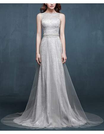 Custom Sleeveless Sweep Train Lace Evening Dress with Organza Overlap