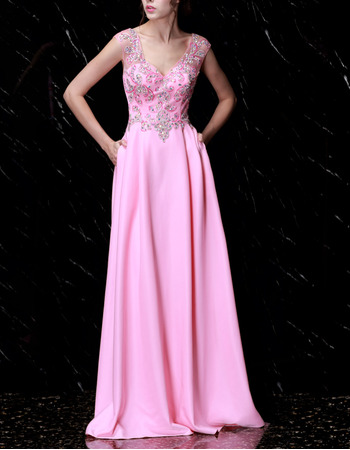 Custom V-Neck Sleeveless Long Chiffon Rhinestone Evening Dresses