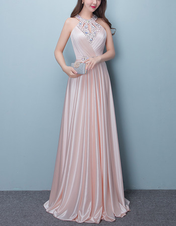 Elegant Halter Sleeveless Floor Length Satin Beading Evening Dresses