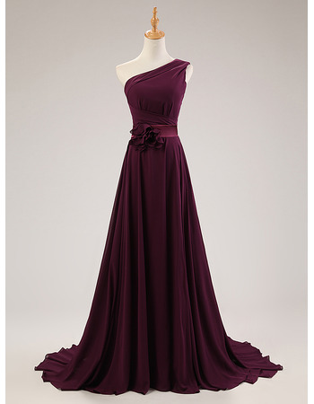 Elegant One Shoulder Sweep Train Chiffon Evening Dresses with Belts