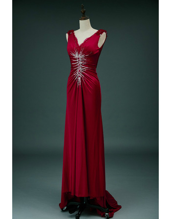 Sheath V-Neck Sweep Train Satin Beading Evening Dresses