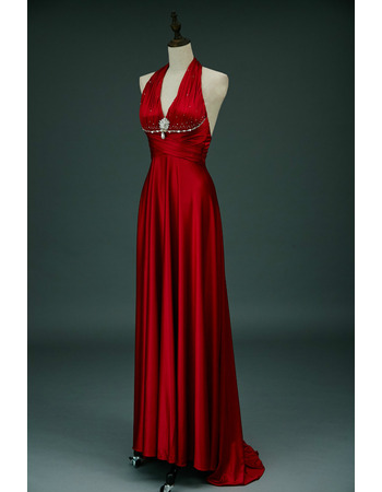 Discount Halter V-Neck Sleeveless Sweep Train Satin Evening Dresses