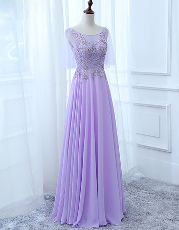 Elegant Floor Length Chiffon Evening Dresses with Short Tulle Sleeves