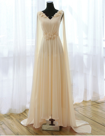 New V-Neck Sweep Train Chiffon Evening Dresses with Ribbons