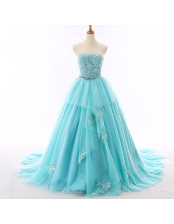 Custom Ball Gown Strapless Chapel Train Organza Evening Dresses