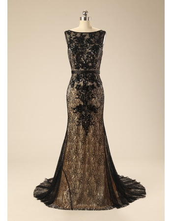 Elegant Sheath Sleeveless Sweep Train Lace Satin Evening Dresses