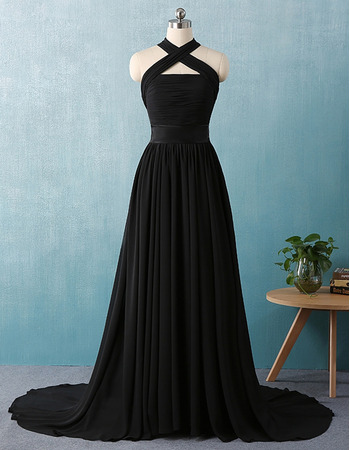 Custom Cross Neckband Sweep Train Chiffon Black Evening Dresses