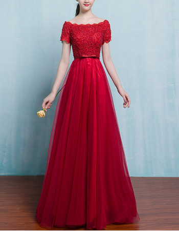 Affordable Long Tulle Applique Evening Dresses with Short Sleeves