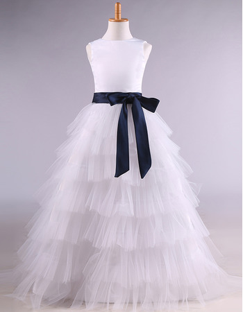 Affordable Long Tulle Layered Skirt Flower Girl Dresses with Sashes