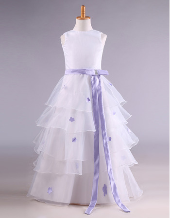 Stunning Organza Layered Skirt Applique Flower Girl Dress with Sash