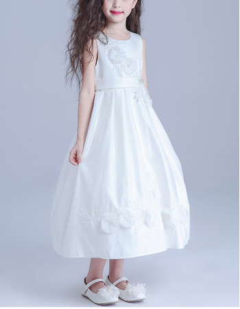 Custom A-Line Sleeveless Tea Length Satin Girls Flower Girl Dresses