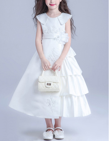 Discount Lapel Tea Length Satin Taffeta Asymmetric Flower Girl Dresses