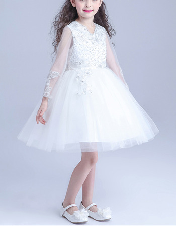 Inexpensive Ball Gown Short Flower Girl Dresses with Long Sleeves