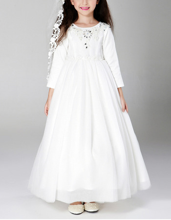 Stunning Ankle Length Satin First Communion Dresses with Long Sleeves