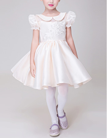 A-Line Lapel Short Satin Flower Girl Dress with Bubble Sleeves