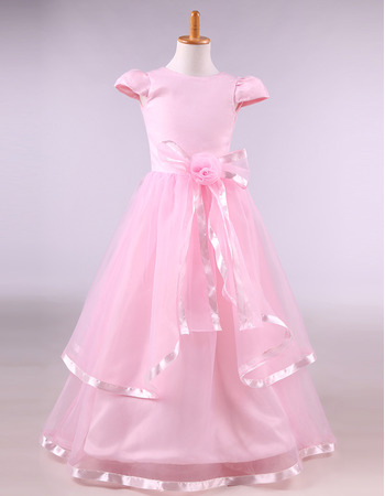 Custom Floor Length Satin Pink Flower Girl Dresses with Cap Sleeves