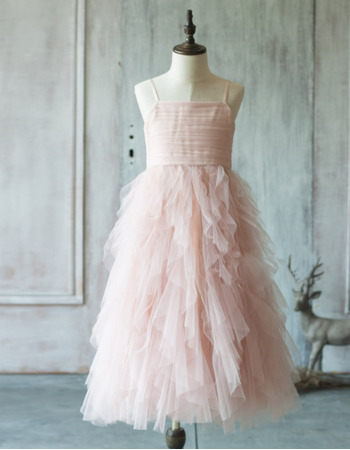 Custom Spaghetti Straps Long Ruffle Skirt Tulle Flower Girl Dresses