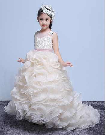 Adorable Sweep Train Ruffle Skirt Flower Girl Dresses with Belts