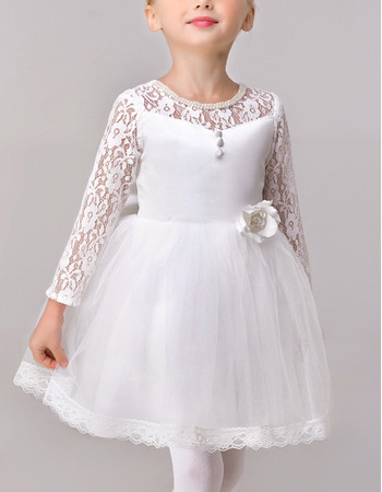 Adorable Ball Gown Short Satin Flower Girl Dresses with Lace Sleeves