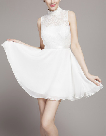 Custom High-Neck Sleeveless Lace Chiffon Short Wedding Dresses