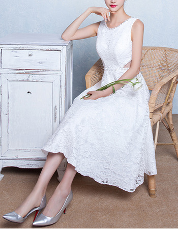 Discount Classic A-Line Sleeveless Tea Length Lace Wedding Dresses