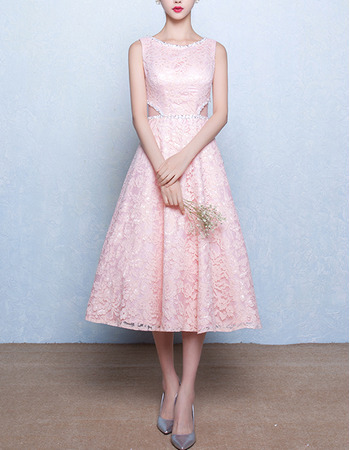 Classic A-Line Bateau Sleeveless Tea Length Lace Pink Wedding Dress