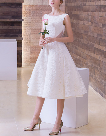 A-Line Bateau Sleeveless Tea Length Lace Wedding Dresses