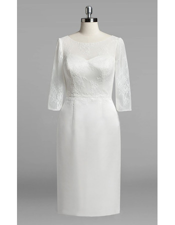 Affordable Column Knee Length Satin Wedding Dresses with Lace Sleeves