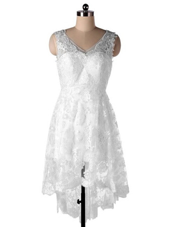 V-Neck High-Low Lace Short Beach Wedding Dresses