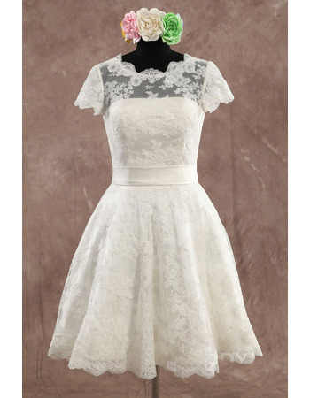 Elegant A-Line Knee Length Lace Wedding Dresses with Short Sleeves