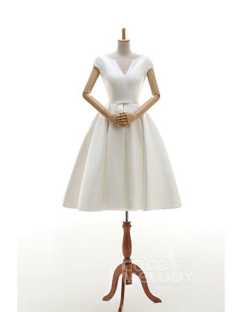 Custom V-Neck Knee Length Satin Wedding Dresses with Cap Sleeves