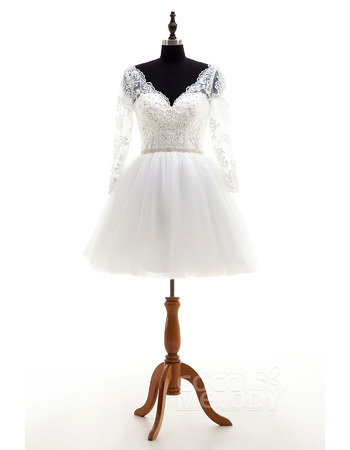Informal V-Neck Short Organza Wedding Dresses with Long Sleeves
